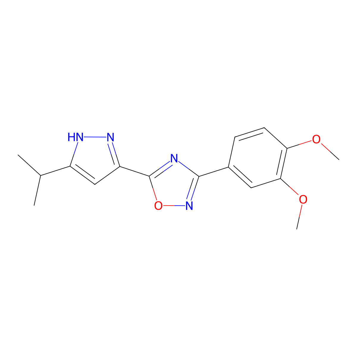 3-(3,4-dimethoxyphenyl)-5-(3-isopropyl-1H-pyrazol-5-yl)-1,2,4-oxadiazole molecular structure, CAS 1192572-12-5