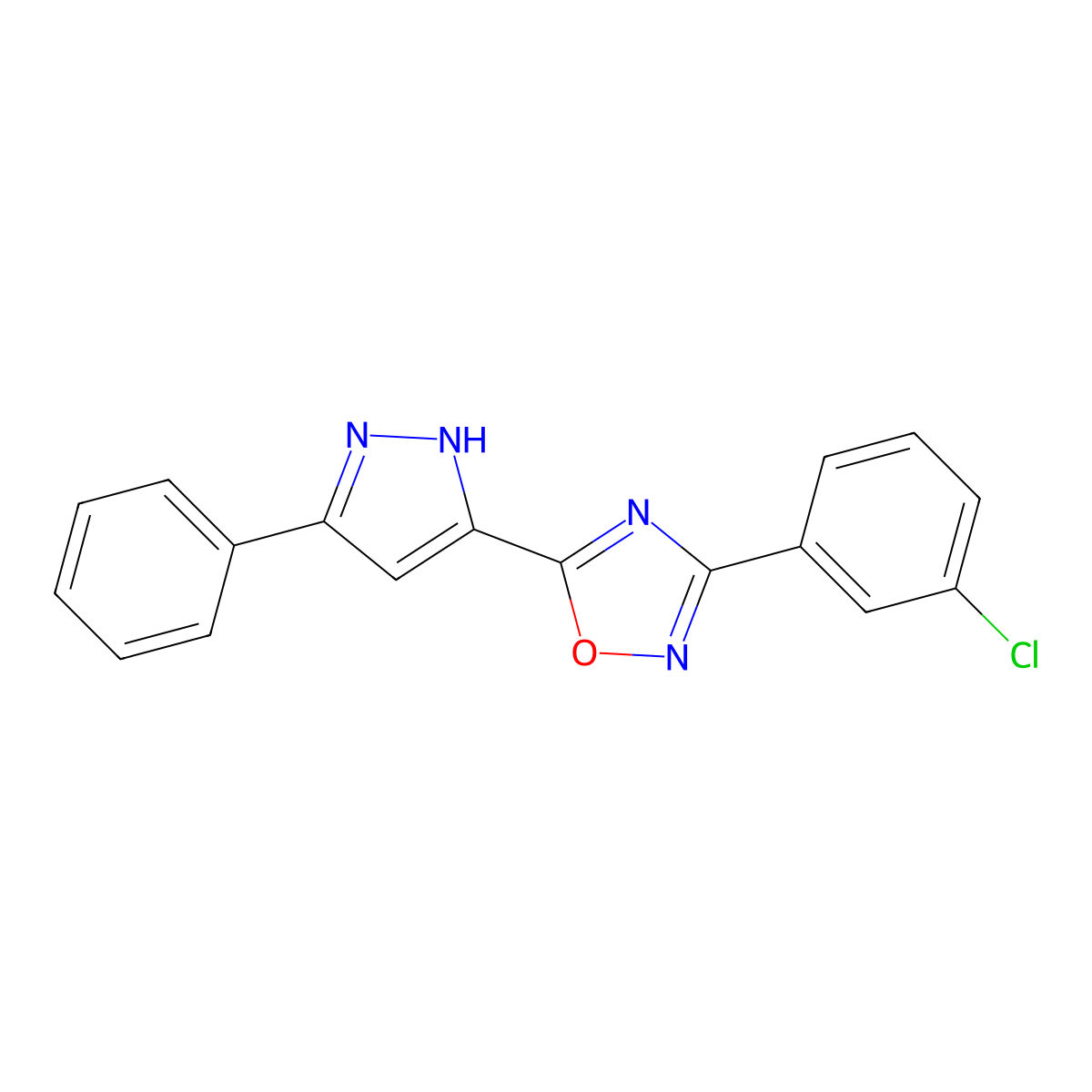 3-(3-chlorophenyl)-5-(3-phenyl-1H-pyrazol-5-yl)-1,2,4-oxadiazole molecular structure, CAS 1192580-48-5
