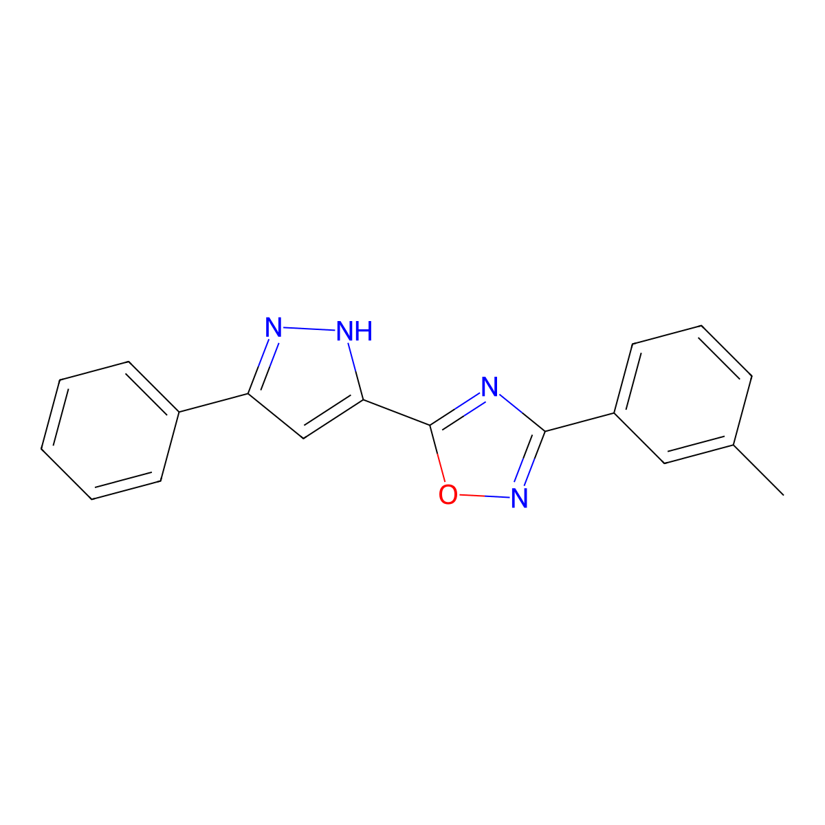 3-(3-methylphenyl)-5-(3-phenyl-1H-pyrazol-5-yl)-1,2,4-oxadiazole molecular structure, CAS 1192580-49-6