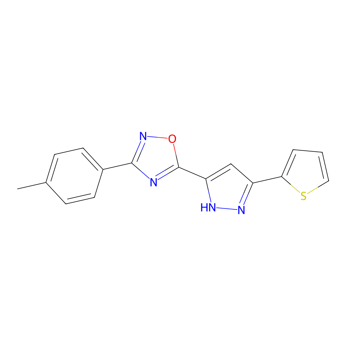 3-(4-methylphenyl)-5-[3-(thiophen-2-yl)-1H-pyrazol-5-yl]-1,2,4-oxadiazole molecular structure, CAS 1192580-55-4