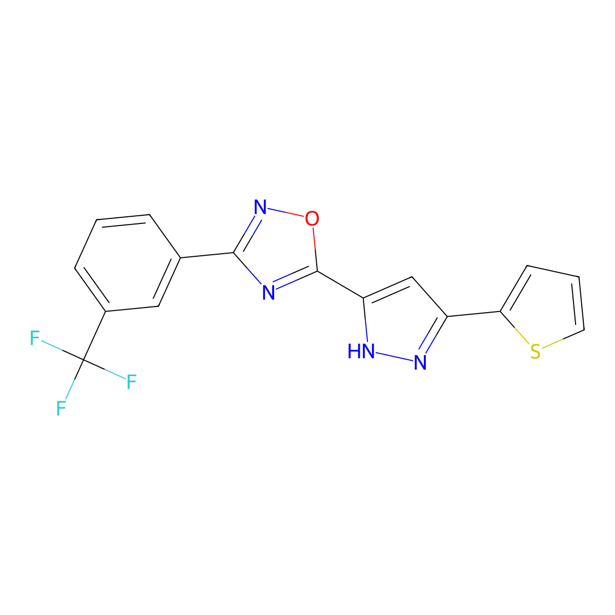 5-[3-(thiophen-2-yl)-1H-pyrazol-5-yl]-3-[3-(trifluoromethyl)phenyl]-1,2,4-oxadiazole molecular structure, CAS 1192580-56-5