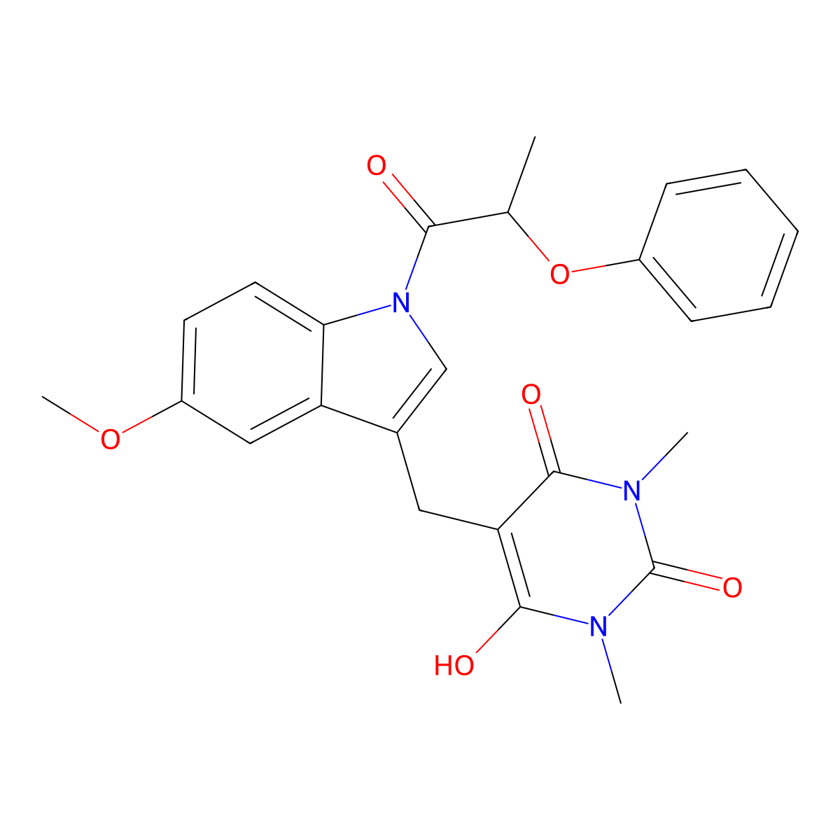 6-hydroxy-5-{[5-methoxy-1-(2-phenoxypropanoyl)-1H-indol-3-yl]methyl}-1,3-dimethyl-2,4(1H,3H)-pyrimidinedione molecular structure, CAS 1192656-67-9
