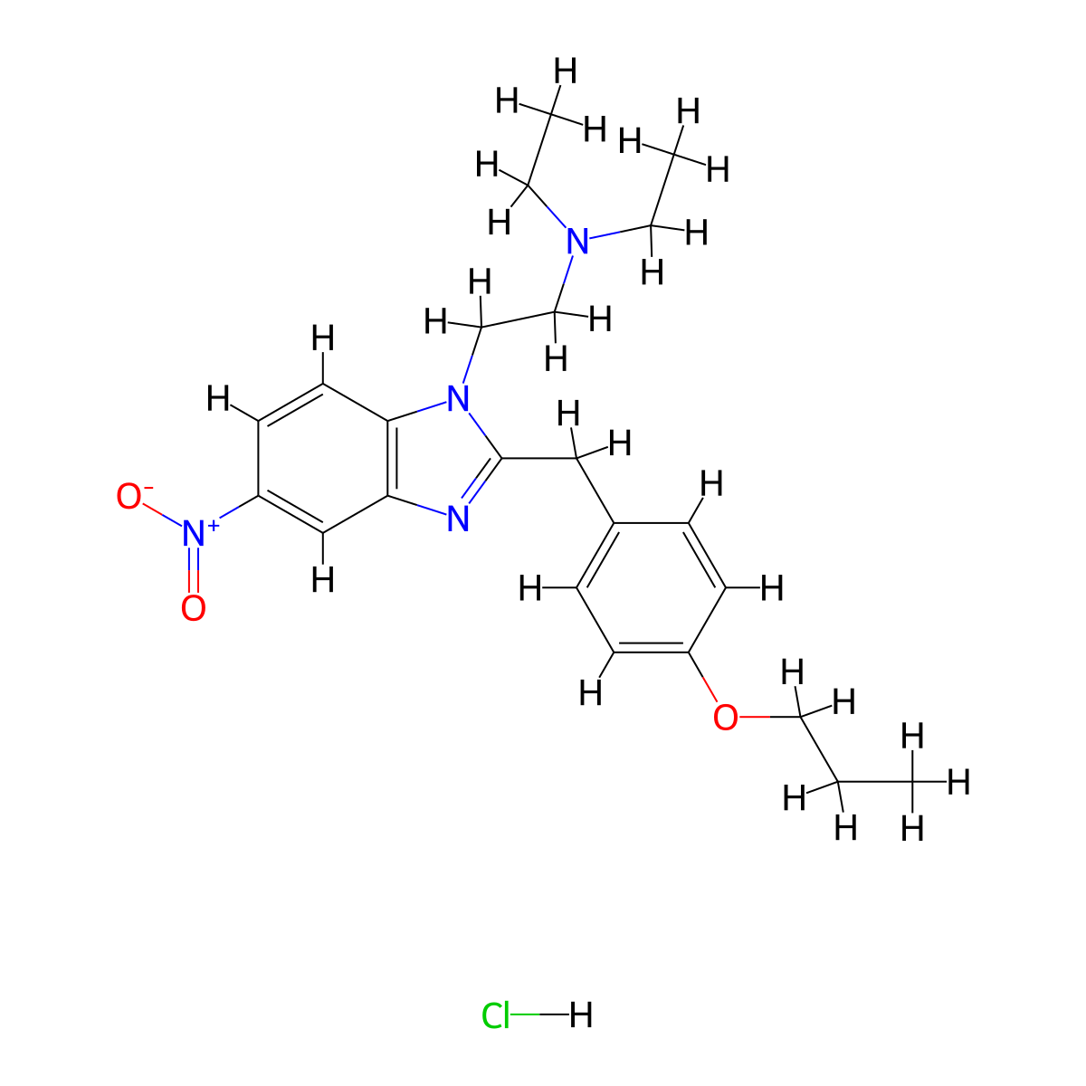N,N-diethyl-5-nitro-2-[(4-propoxyphenyl)methyl]-1H-benzimidazole-1-ethanamine, monohydrochloride molecular structure, CAS 119276-01-6