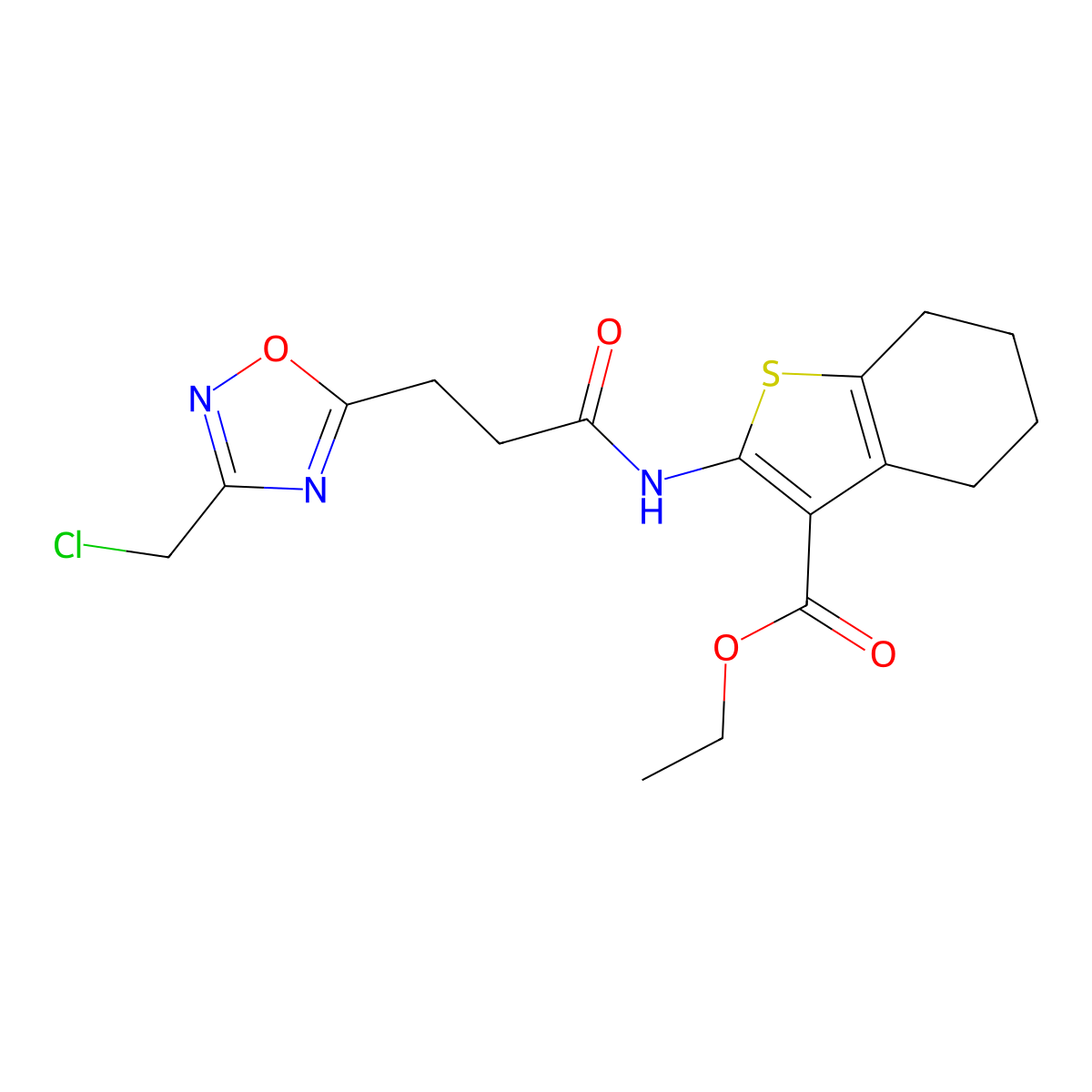 Ethyl 2-({3-[3-(chloromethyl)-1,2,4-oxadiazol-5-yl]propanoyl}amino)-4,5,6,7-tetrahydro-1-benzothiophene-3-carboxylate molecular structure, CAS 1192804-47-9