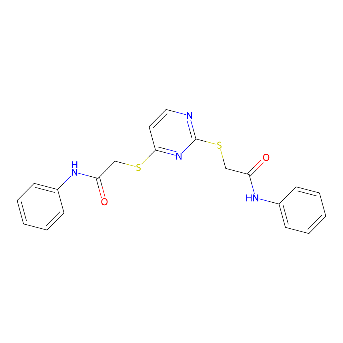N-phenyl-2-{2-[(N-phenylcarbamoyl)methylthio]pyrimidin-4-ylthio}acetamide molecular structure, CAS 1192806-72-6
