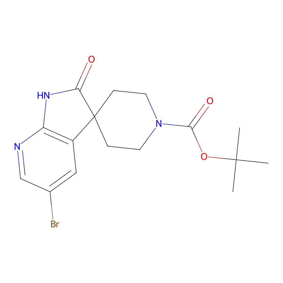 t-Butyl 5'-bromo-2'-oxo-1',2'-dihydrospiro[piperidine-4,3'-pyrrolo[2,3-b]pyridine]-1-carboxylate molecular structure, CAS 1192834-16-4