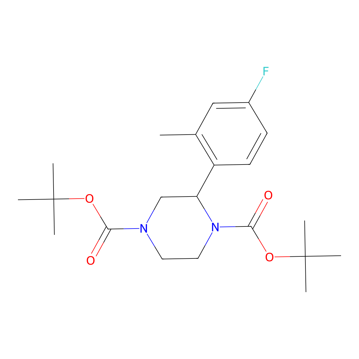 (S)-Di-tert-Butyl 2-(4-fluoro-2-methylphenyl)piperazine-1,4-dicarboxylate molecular structure, CAS 1192874-45-5