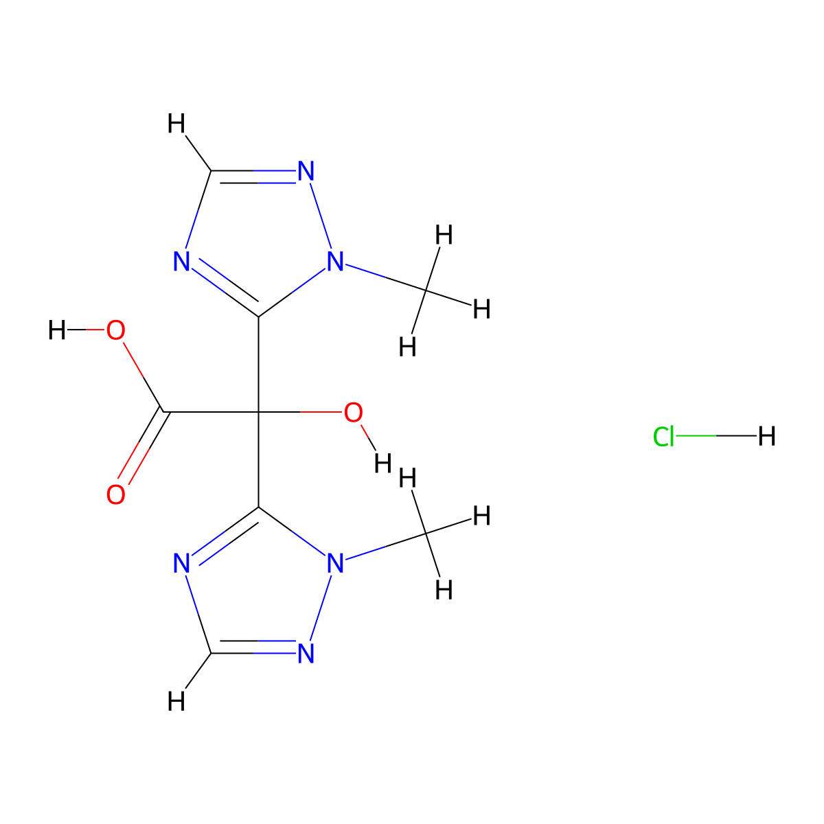 2-hydroxy-2,2-bis(1-methyl-1H-1,2,4-triazol-5-yl)acetic acid hydrochloride molecular structure, CAS 1193388-80-5