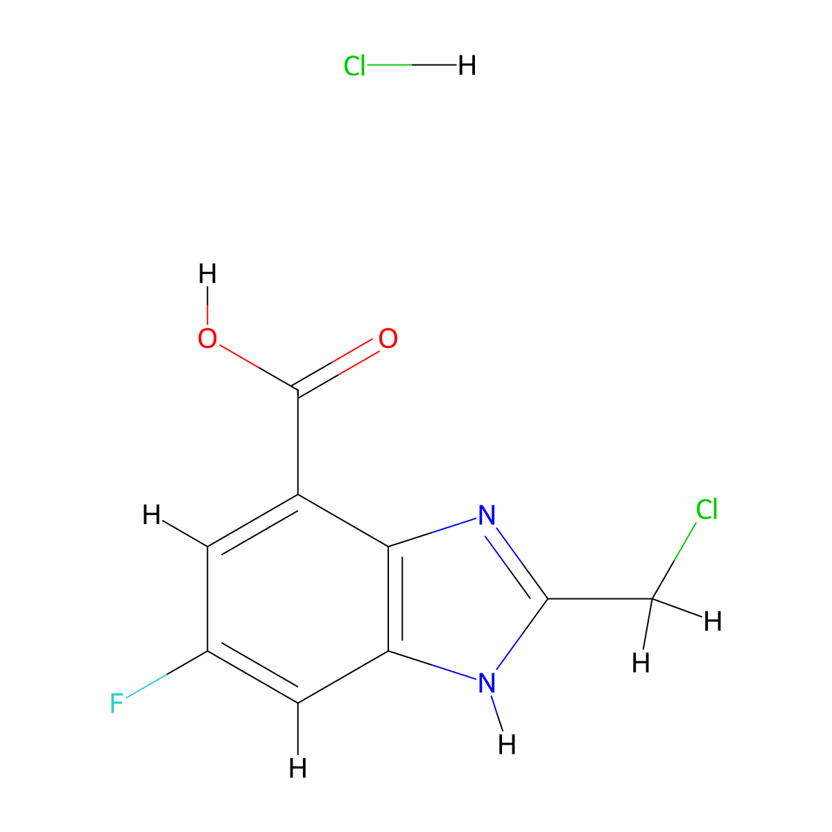 2-(chloromethyl)-6-fluoro-1H-1,3-benzodiazole-4-carboxylic acid hydrochloride molecular structure, CAS 1193389-44-4
