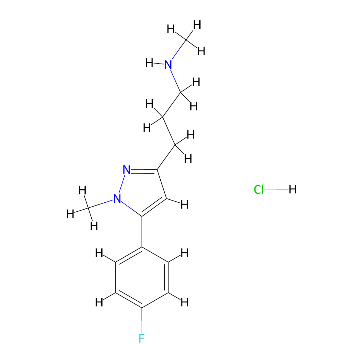 {3-[5-(4-fluorophenyl)-1-methyl-1H-pyrazol-3-yl]propyl}(methyl)amine hydrochloride molecular structure, CAS 1193389-84-2