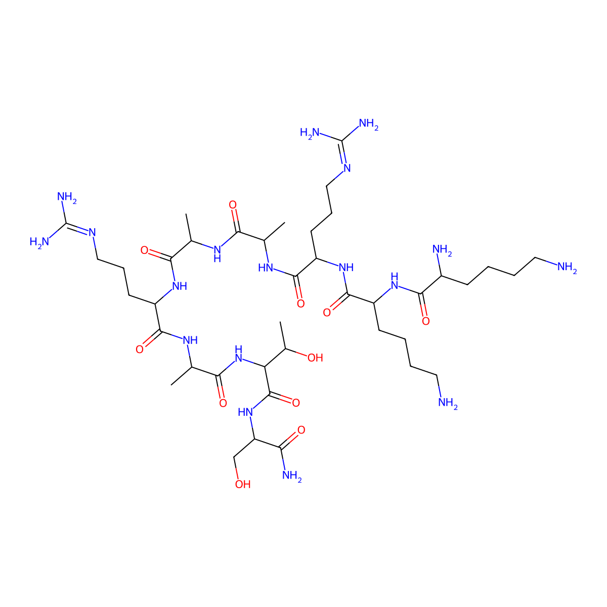 2,6-diamino-N-[6-amino-1-[[1-[[1-[[1-[[1-[[1-[[1-[(1-amino-3-hydroxy-1-oxopropan-2-yl)amino]-3-hydroxy-1-oxobutan-2-yl]amino]-1-oxopropan-2-yl]amino]-5-(diaminomethylideneamino)-1-oxopentan-2-yl]amino]-1-oxopropan-2-yl]amino]-1-oxopropan-2-yl]amino]-5-(diaminomethylideneamino)-1-oxopentan-2-yl]amino]-1-oxohexan-2-yl]hexanamide molecular structure, CAS 119386-39-9