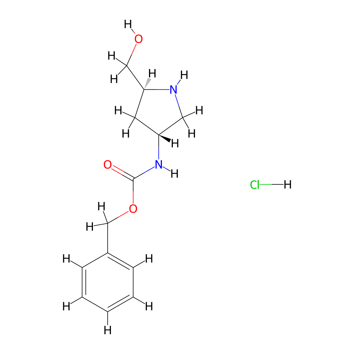Benzyl ((3R,5S)-5-(hydroxymethyl)pyrrolidin-3-yl)carbamate hydrochloride molecular structure, CAS 1194057-62-9