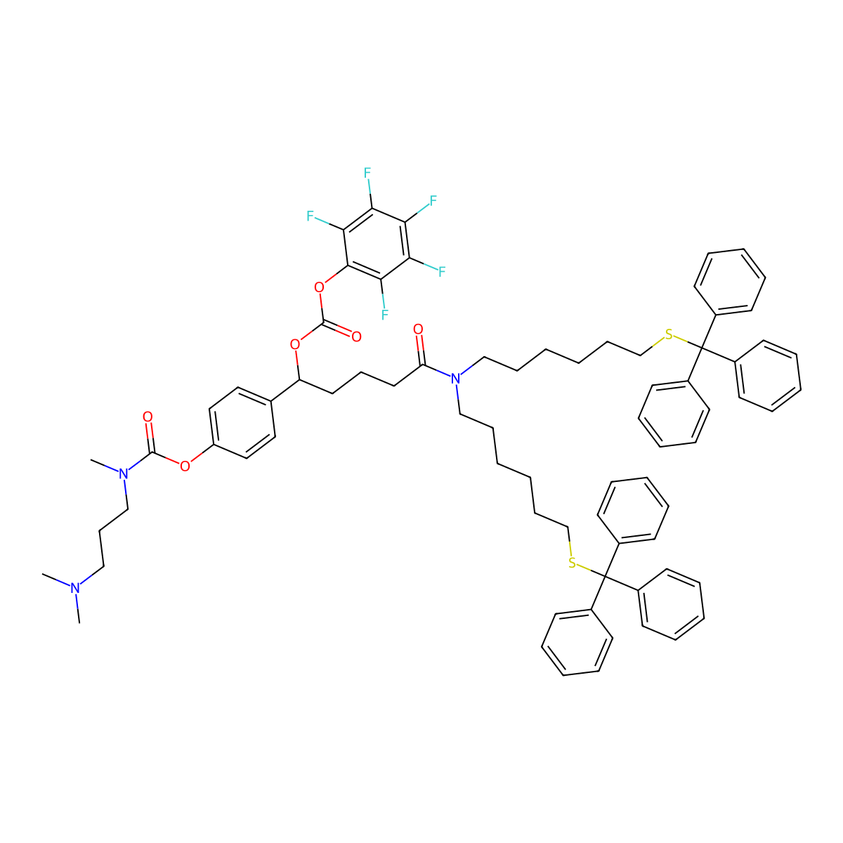 4-(5-(Bis(6-(tritylthio)hexyl)amino)-5-oxo-1-(((perfluorophenoxy)carbonyl)oxy)pentyl)phenyl (3-(dimethylamino)propyl)(methyl)carbamate molecular structure, CAS 1194092-13-1