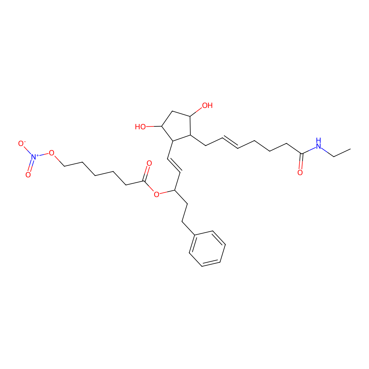 6-(nitrooxy)-hexanoic acid, (1S,2E)-3-[(1R,2R,3S,5R)-2-[(2Z)-7-(ethylamino)-7-oxo-2-hepten-1-yl]-3,5-dihydroxycyclopentyl]-1-(2-phenylethyl)-2-propen-1-yl ester molecular structure, CAS 1194396-71-8
