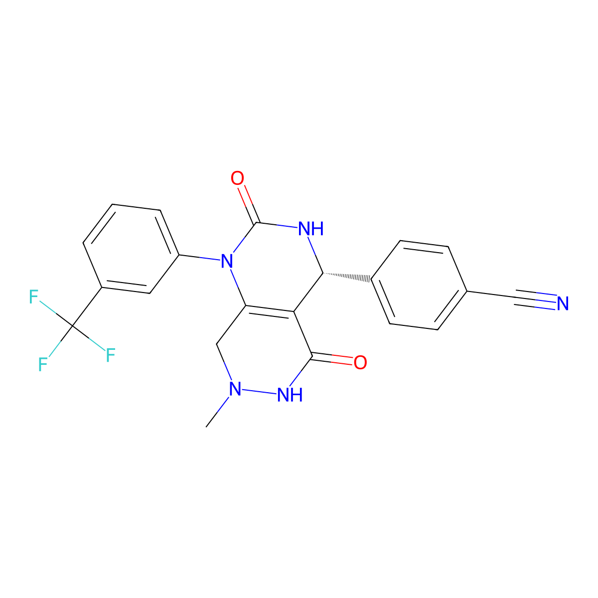 4-[(4r)-7-Methyl-2,5-Bis(Oxidanylidene)-1-[3-(Trifluoromethyl)phenyl]-3,4,6,8-Tetrahydropyrimido[4,5-D]pyridazin-4-Yl]benzenecarbonitrile molecular structure, CAS 1194453-23-0
