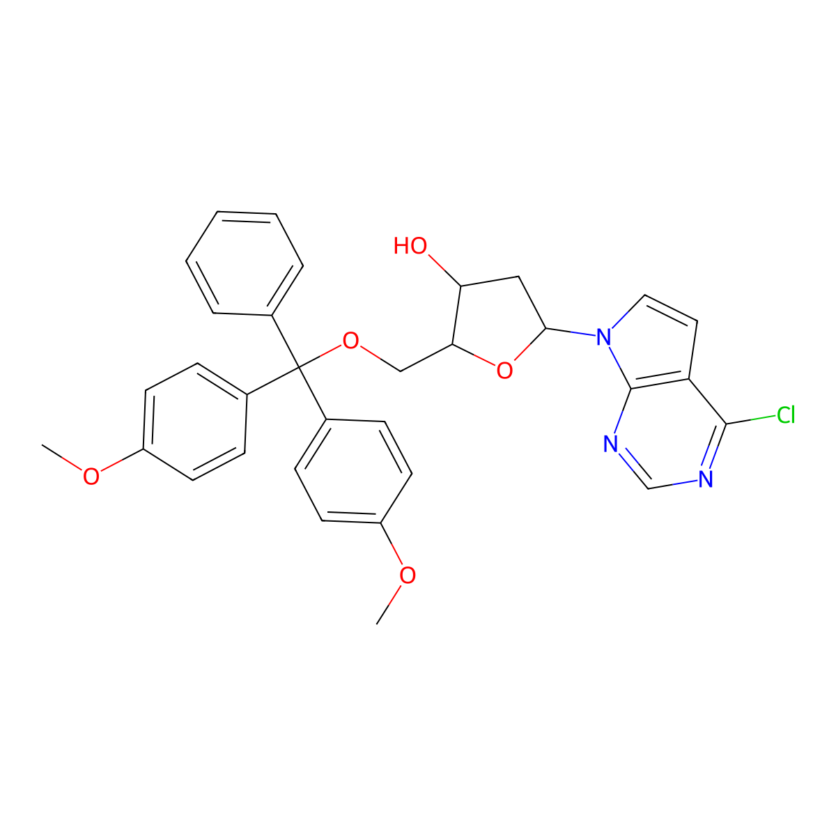 (2R,3S,5R)-2-((bis(4-methoxyphenyl)(phenyl)methoxy)methyl)-5-(4-chloro-7H-pyrrolo[2,3-d]pyrimidin-7-yl)tetrahydrofuran-3-ol molecular structure, CAS 119447-93-7