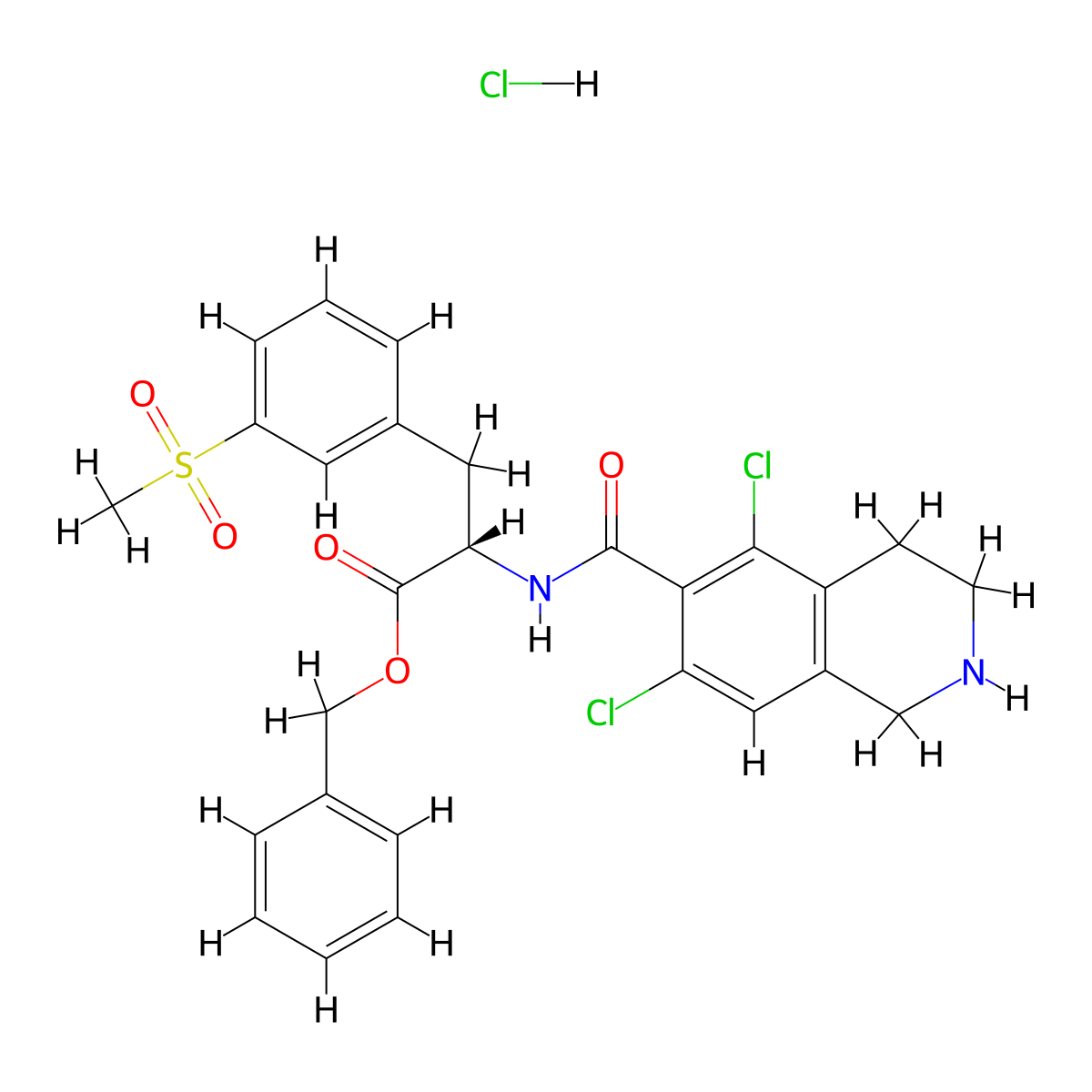 benzyl (2S)-2-((5,7-dichloro-1,2,3,4-tetrahydroisoquinoline-6-carbonyl)amino)-3-(3-methylsulfonylphenyl)propanoate;hydrochloride molecular structure, CAS 1194550-65-6