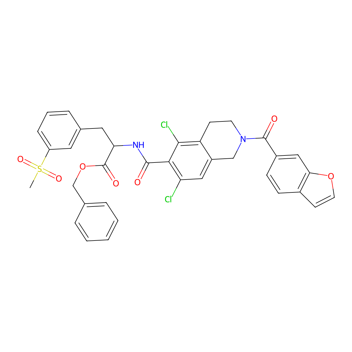 Benzyl (S)-2-(2-(benzofuran-6-carbonyl)-5,7-dichloro-1,2,3,4-tetrahydroisoquinoline-6-carboxamido)-3-(3-(methylsulfonyl)phenyl)propanoate molecular structure, CAS 1194550-67-8