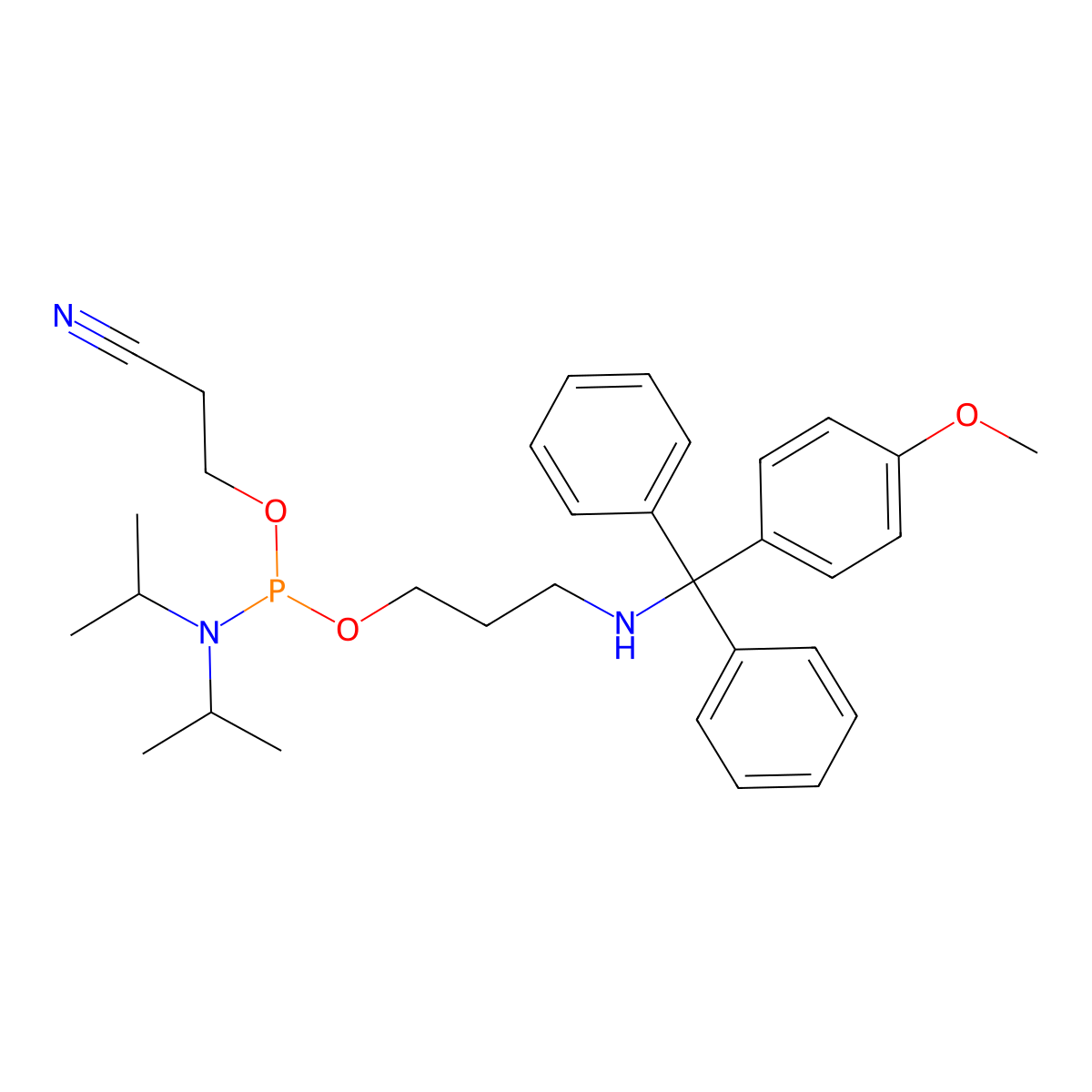 2-Cyanoethyl (3-(((4-methoxyphenyl)diphenylmethyl)amino)propyl) diisopropylphosphoramidite molecular structure, CAS 119462-97-4