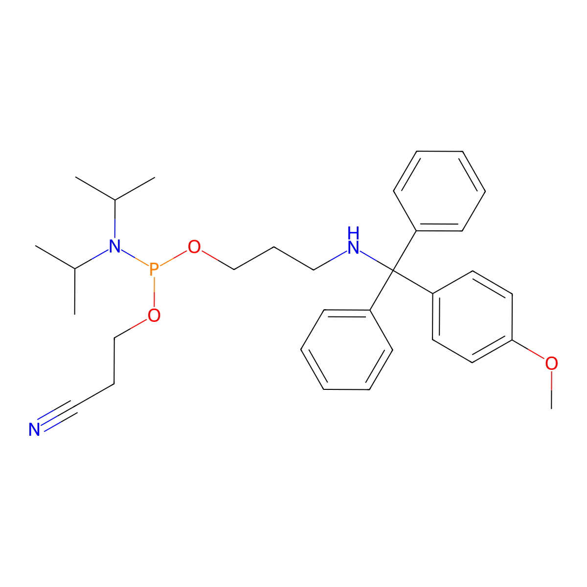 2-Cyanoethyl (3-(((4-methoxyphenyl)diphenylmethyl)amino)propyl) diisopropylphosphoramidite molecular structure, CAS 119462-97-4