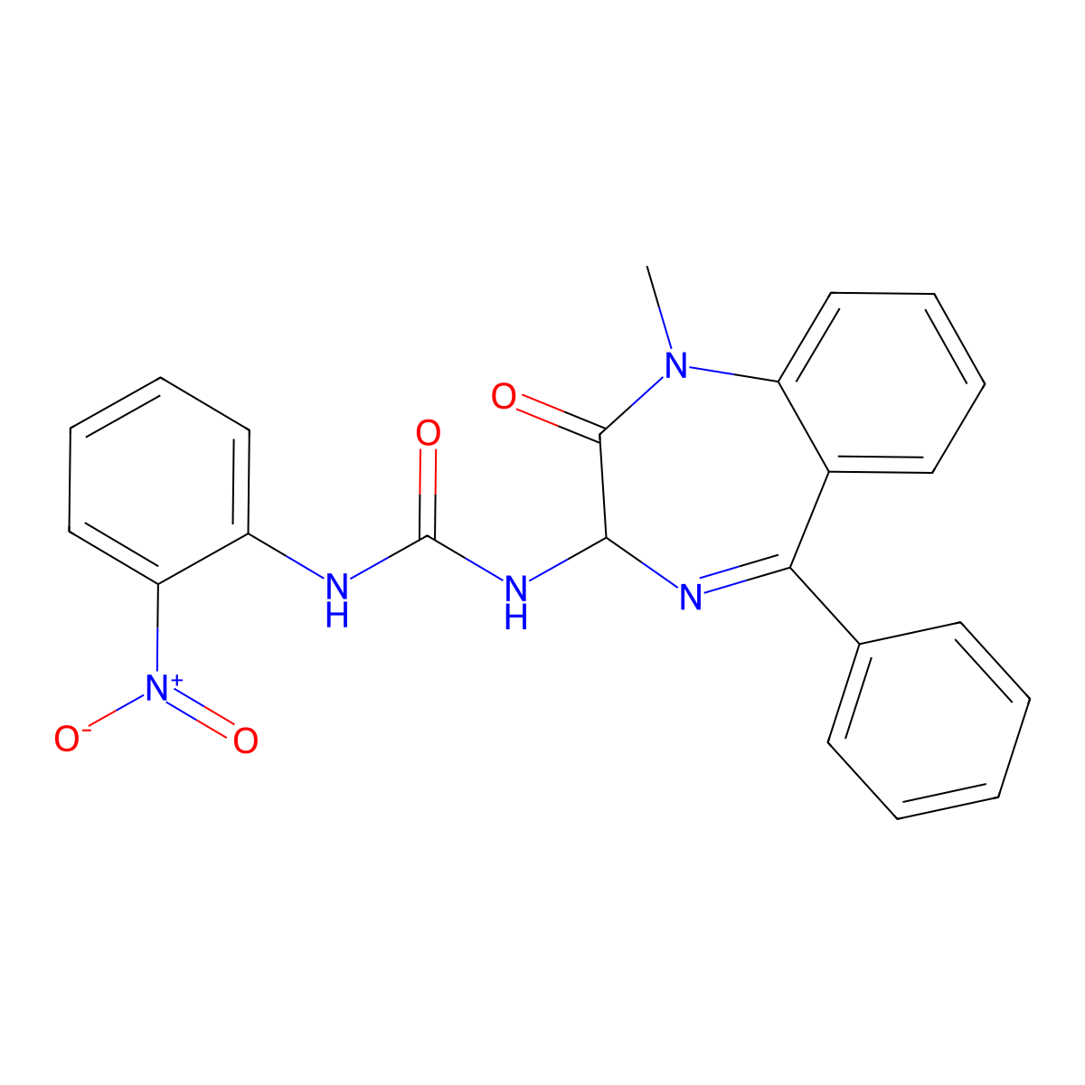 1-(1-Methyl-2-oxo-5-phenyl-2,3-dihydro-1H-benzo[e][1,4]diazepin-3-yl)-3-(2-nitro-phenyl)-urea molecular structure, CAS 119486-96-3