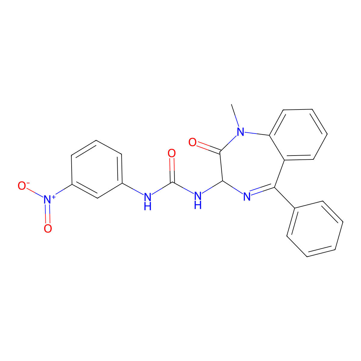 1-(1-Methyl-2-oxo-5-phenyl-2,3-dihydro-1H-benzo[e][1,4]diazepin-3-yl)-3-(3-nitro-phenyl)-urea molecular structure, CAS 119487-11-5
