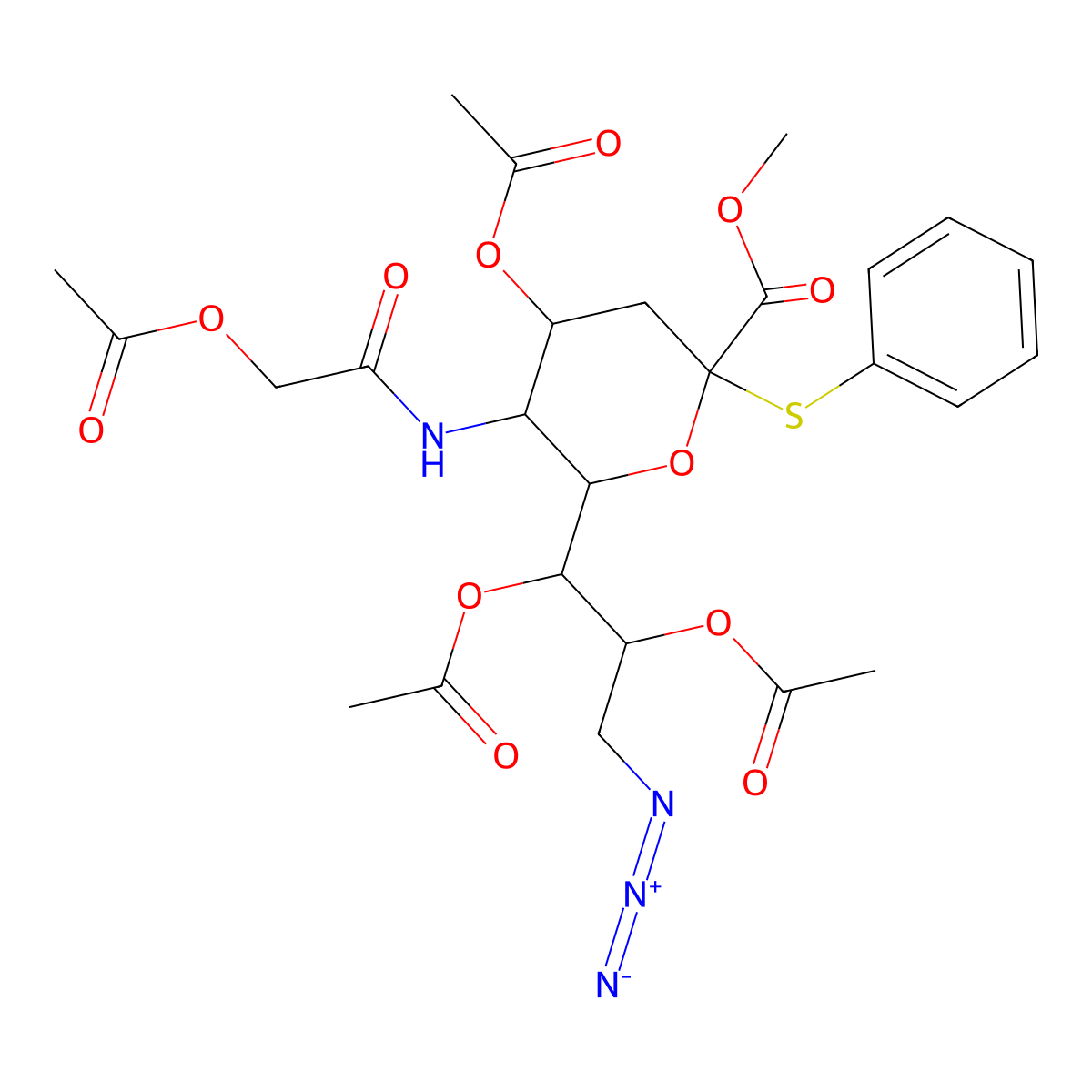 Methyl (Phenyl 5-Acetoxyacetamido-4,7,8-tri-O-acetyl-9-azido-3,5,9-trideoxy-2-thio-D-glycero-beta-D-galacto-2-nonulopyranosid)onate molecular structure, CAS 1195053-25-8
