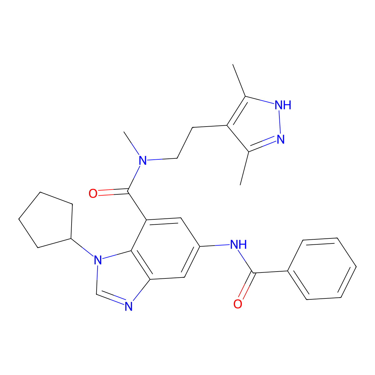 5-(benzoylamino)-1-cyclopentyl-N-[2-(3,5-dimethyl-1H-pyrazol-4-yl)ethyl]-N-methyl-1H-benzimidazole-7-carboxamide molecular structure, CAS 1195771-67-5