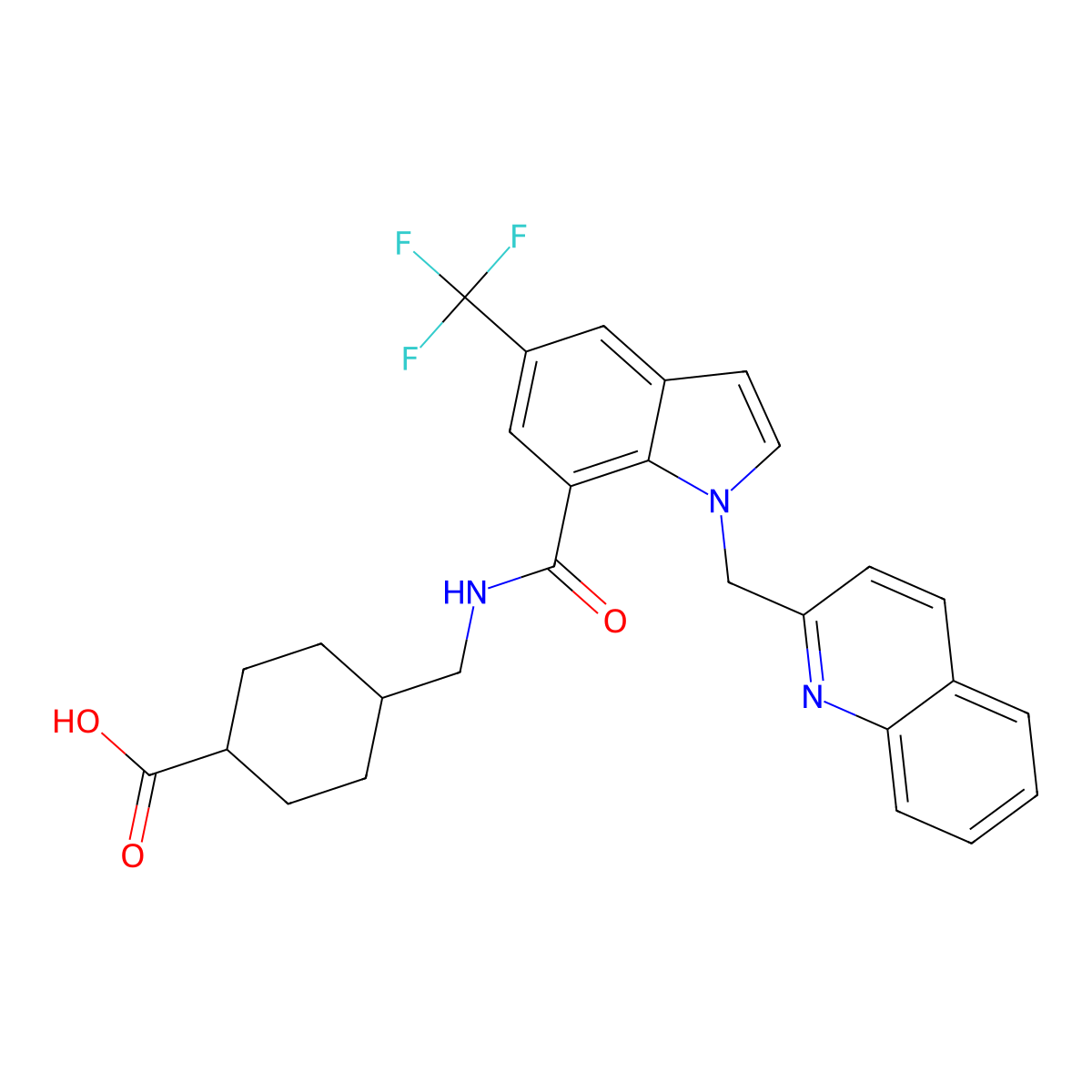 4-[[[1-(Quinolin-2-ylmethyl)-5-(trifluoromethyl)indole-7-carbonyl]amino]methyl]cyclohexane-1-carboxylic acid molecular structure, CAS 1196045-28-9