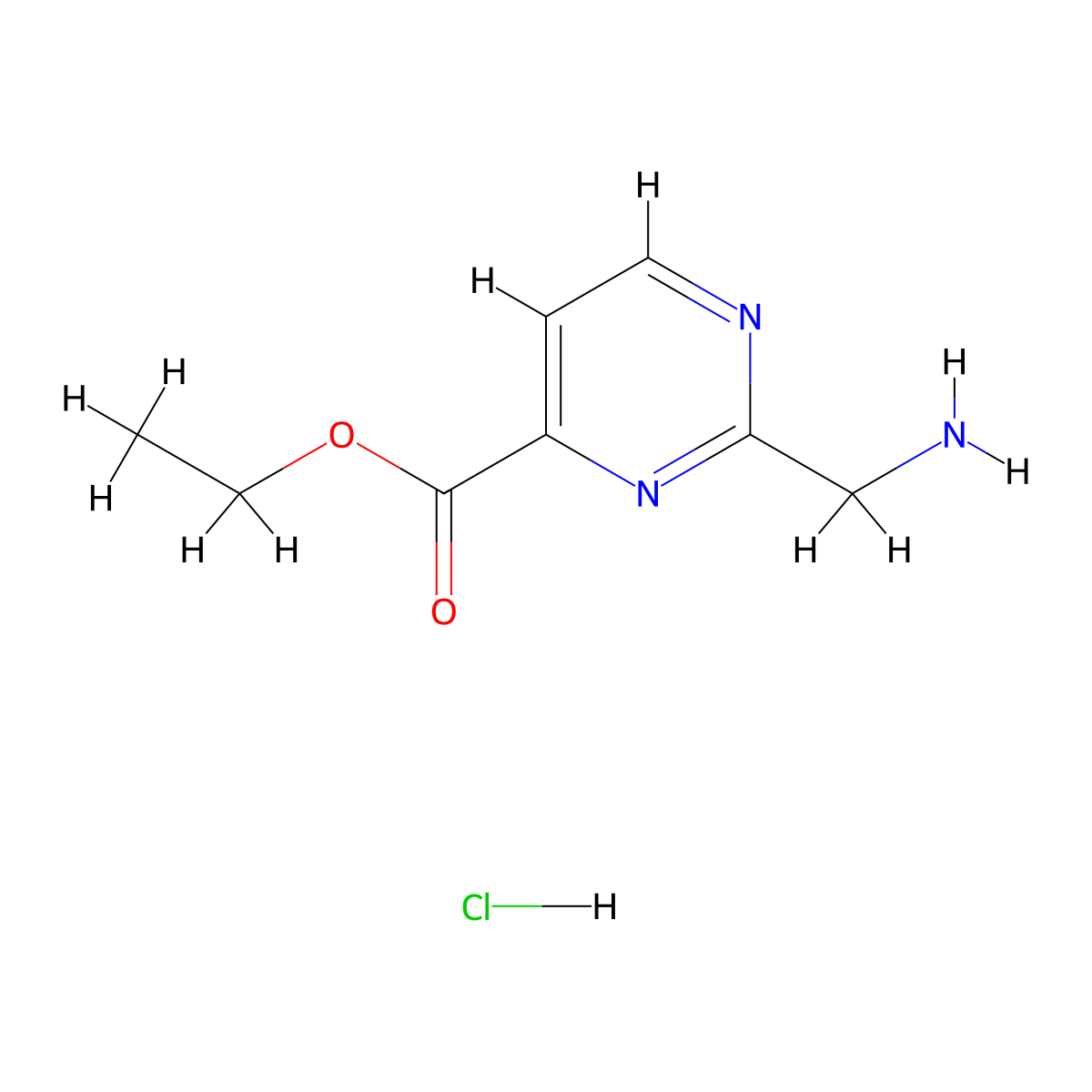 Ethyl 2-(aminomethyl)pyrimidine-4-carboxylate hydrochloride molecular structure, CAS 1196146-89-0