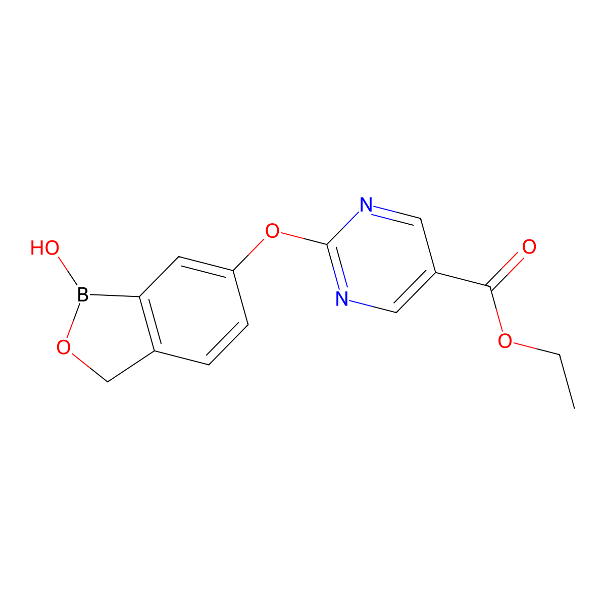 Ethyl 2-((1-hydroxy-1,3-dihydrobenzo[c][1,2]oxaborol-6-yl)oxy)pyrimidine-5-carboxylate molecular structure, CAS 1196473-61-6