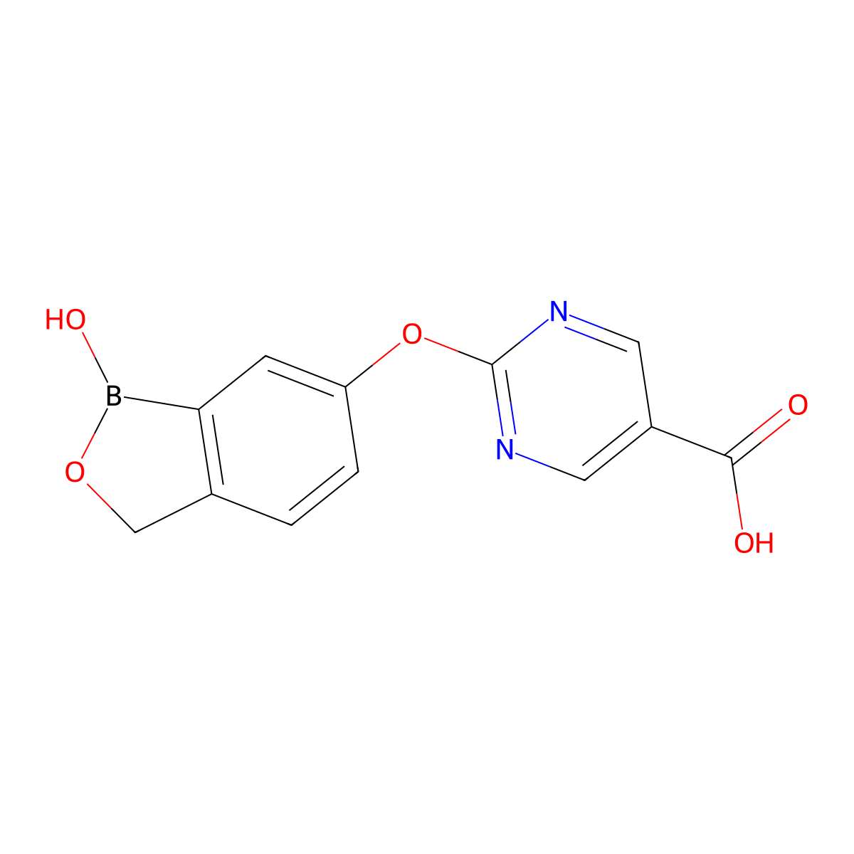 2-((1-Hydroxy-1,3-dihydrobenzo[c][1,2]oxaborol-6-yl)oxy)pyrimidine-5-carboxylic acid molecular structure, CAS 1196473-62-7