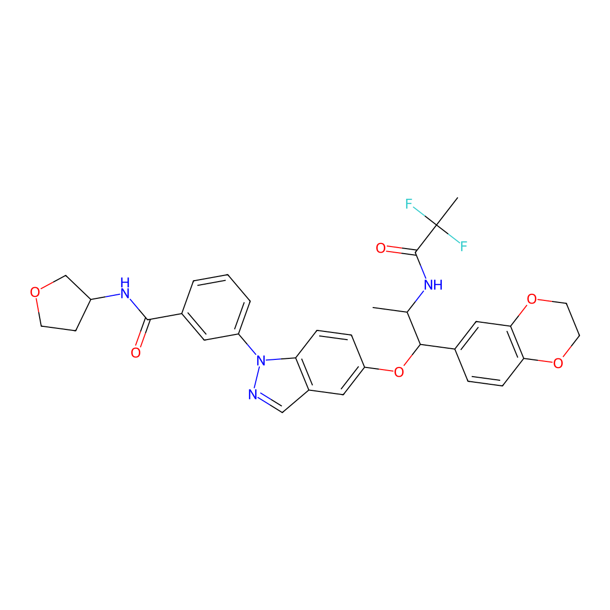 3-(5-((1R,2S)-2-((2,2-Difluoro-1-oxopropyl)amino)-1-(2,3-dihydro-1,4-benzodioxin-6-yl)propoxy)-1H-indazol-1-yl)-N-(tetrahydro-3-furanyl)benzamide molecular structure, CAS 1196509-62-2