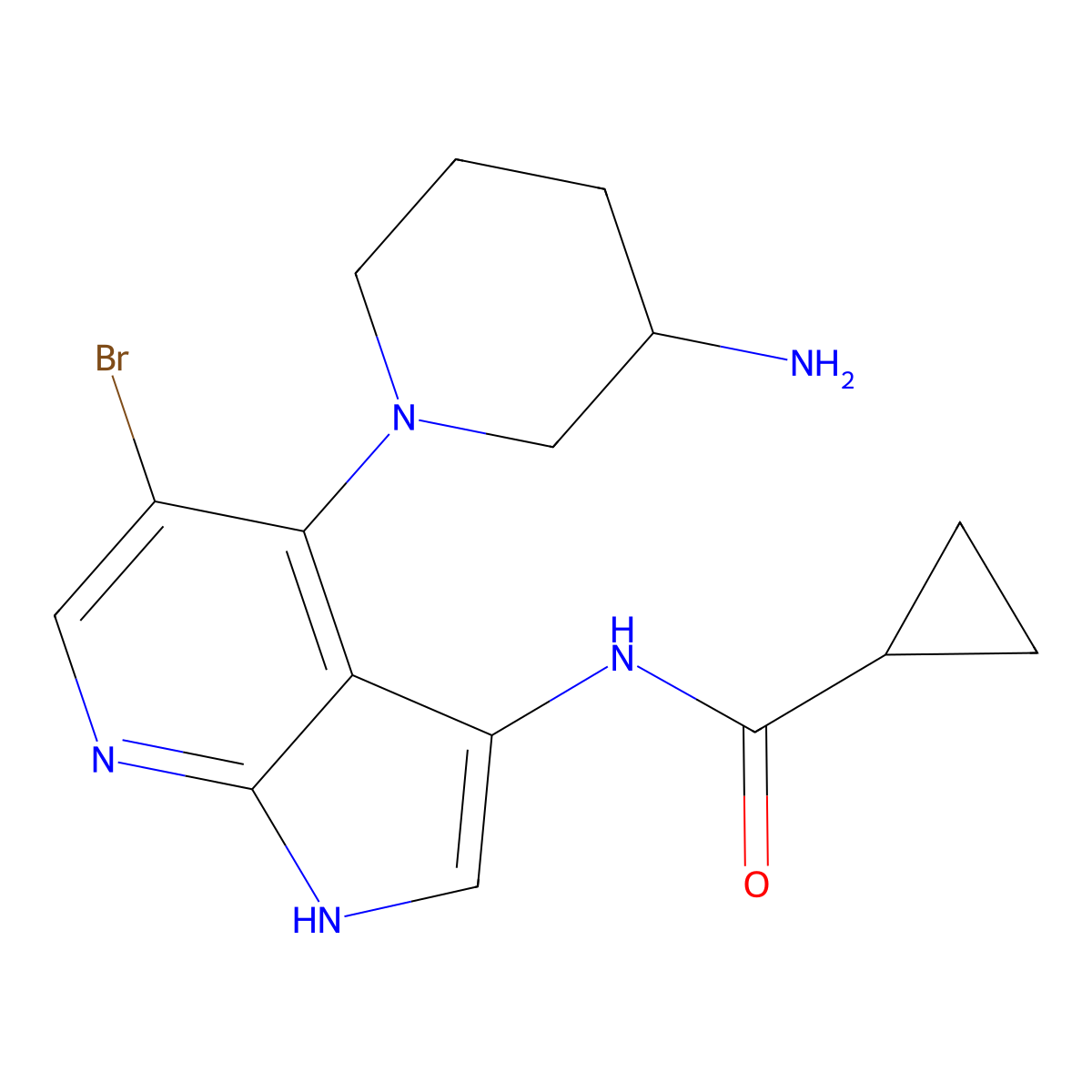 (R)-N-(4-(3-aminopiperidin-1-yl)-5-bromo-1H-pyrrolo[2,3-b]pyridin-3-yl)cyclopropanecarboxamide molecular structure, CAS 1196541-47-5