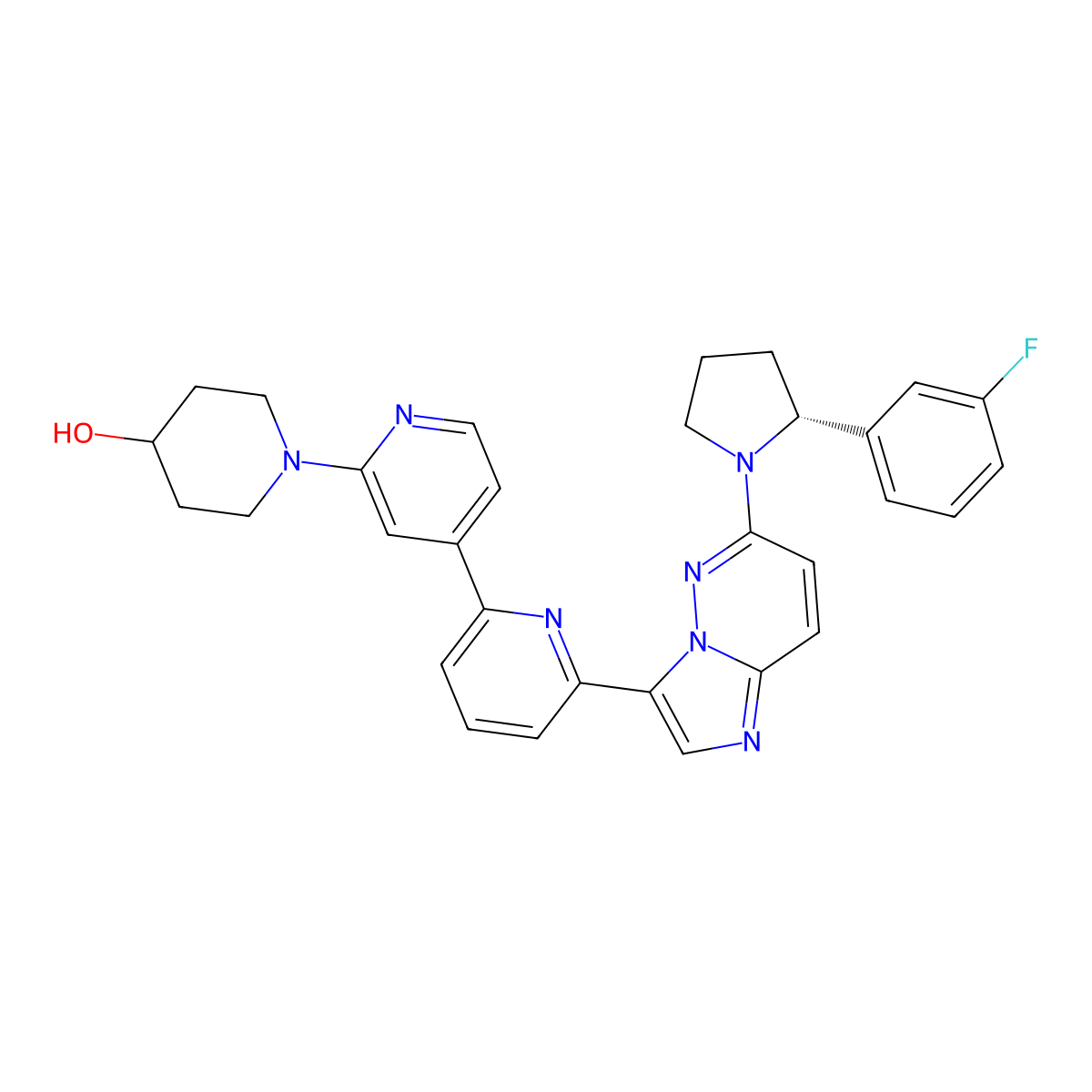 1-[4-[6-[6-[(2R)-2-(3-fluorophenyl)pyrrolidin-1-yl]imidazo[1,2-b]pyridazin-3-yl]-2-pyridinyl]-2-pyridinyl]piperidin-4-ol molecular structure, CAS 1196546-33-4