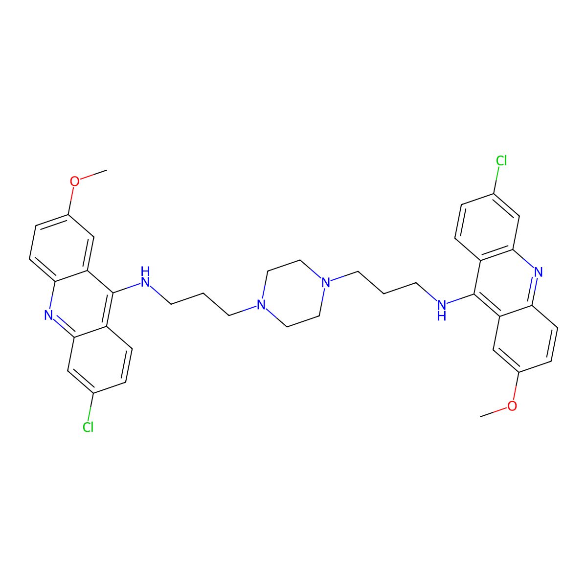 N,N'-Bis(6-chloro-2-methoxy-9-acridinyl)-1,4-piperazinedipropanamine molecular structure, CAS 119662-55-4