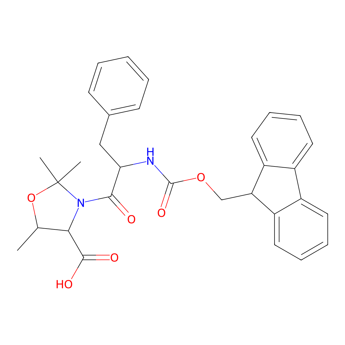 4-Oxazolidinecarboxylic acid, 3-[(2S)-2-[[(9H-fluoren-9-ylmethoxy)carbonyl]amino]-1-oxo-3-phenylpropyl]-2,2,5-trimethyl-, (4S,5R)- molecular structure, CAS 1196703-48-6