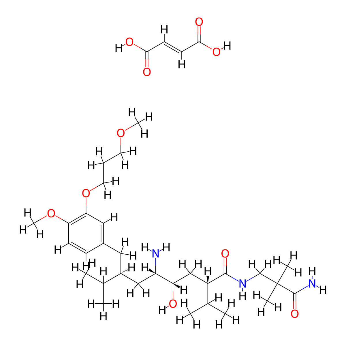 (2S,4S,5S,7S)-5-amino-N-(2-carbamoyl-2,2-dimethylethyl)-4-hydroxy-7-{[4-methoxy-3-(3-methoxypropoxy)phenyl]methyl}-8-methyl-2-(propan-2-yl)nonanamide; but-2-enedioic acid molecular structure, CAS 1196835-68-3