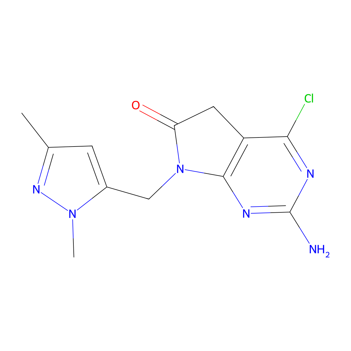 2-Amino-4-chloro-7-((1,3-dimethyl-1H-pyrazol-5-yl)methyl)-5H-pyrrolo[2,3-d]pyrimidin-6(7H)-one molecular structure, CAS 1196886-61-9