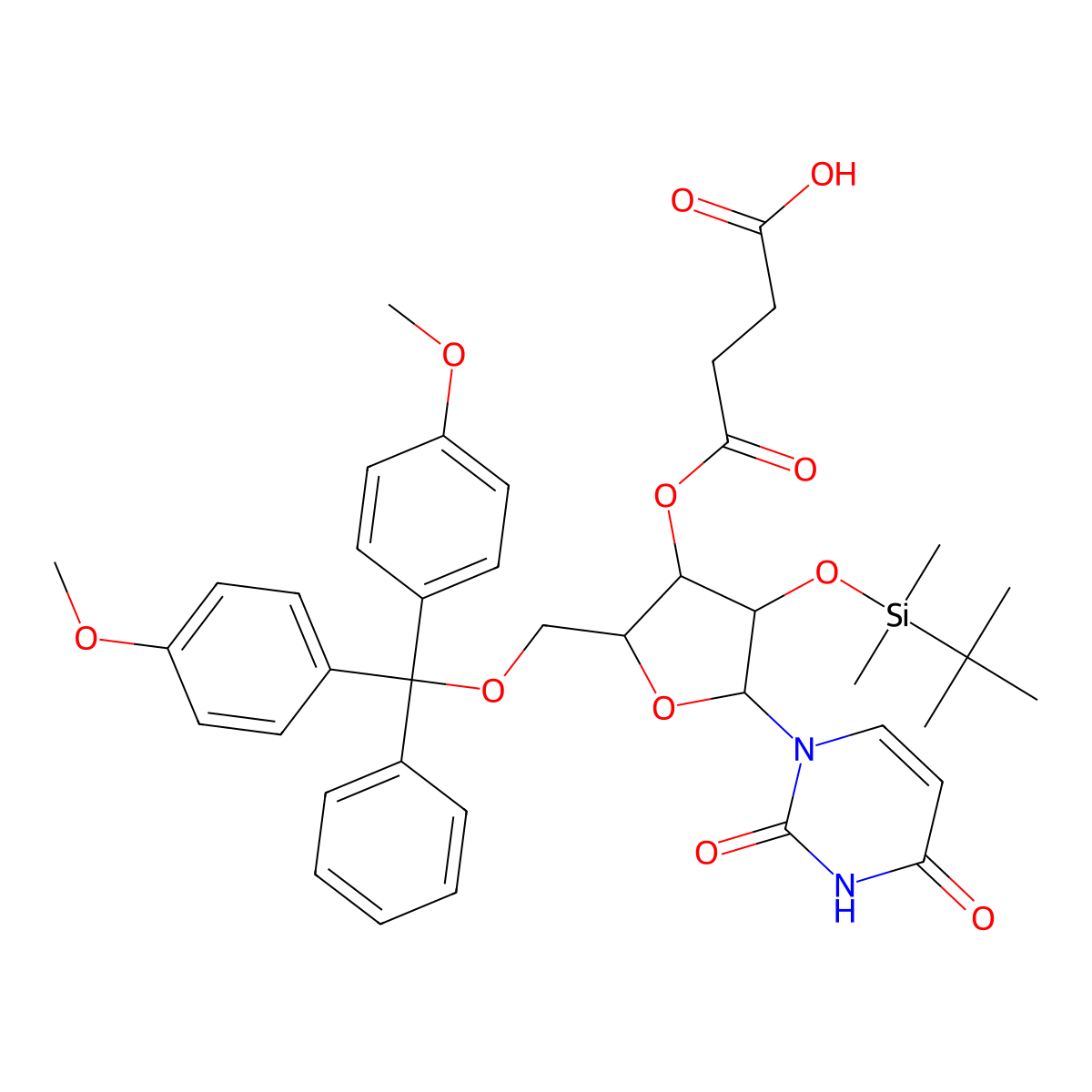 4-(((2R,3R,4R,5R)-2-((Bis(4-methoxyphenyl)(phenyl)methoxy)methyl)-4-((tert-butyldimethylsilyl)oxy)-5-(2,4-dioxo-3,4-dihydropyrimidin-1(2H)-yl)tetrahydrofuran-3-yl)oxy)-4-oxobutanoic acid molecular structure, CAS 119702-12-4