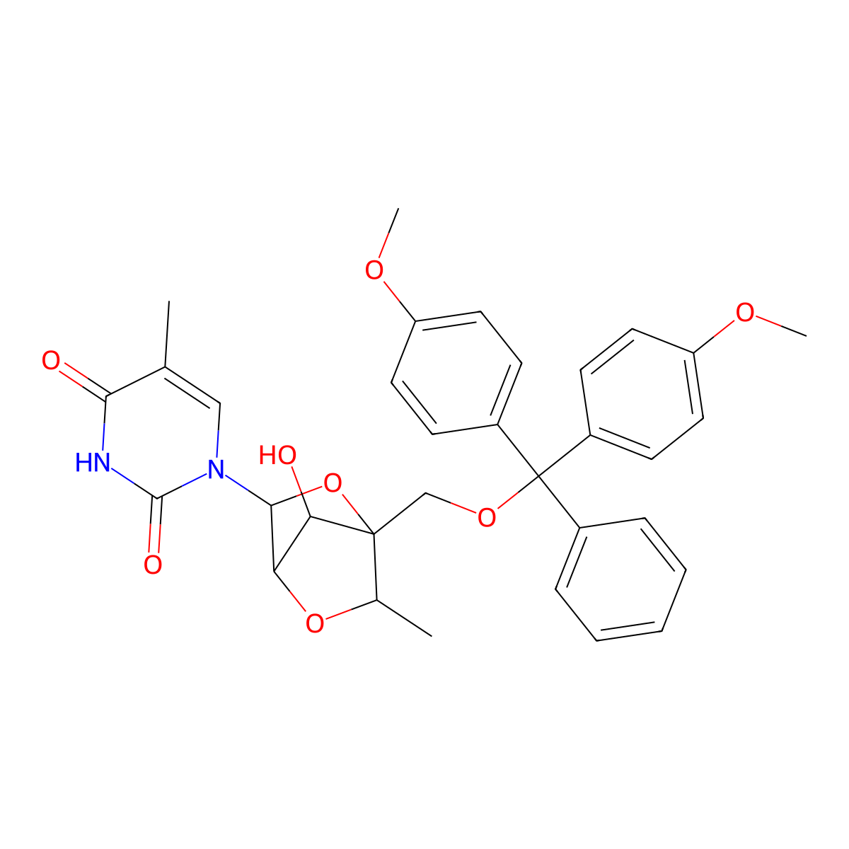 1-((1R,3R,4R,6S,7S)-1-((bis(4-methoxyphenyl)(phenyl)methoxy)methyl)-7-hydroxy-6-methyl-2,5-dioxabicyclo[2.2.1]heptan-3-yl)-5-methylpyrimidine-2,4(1H,3H)-dione molecular structure, CAS 1197033-21-8