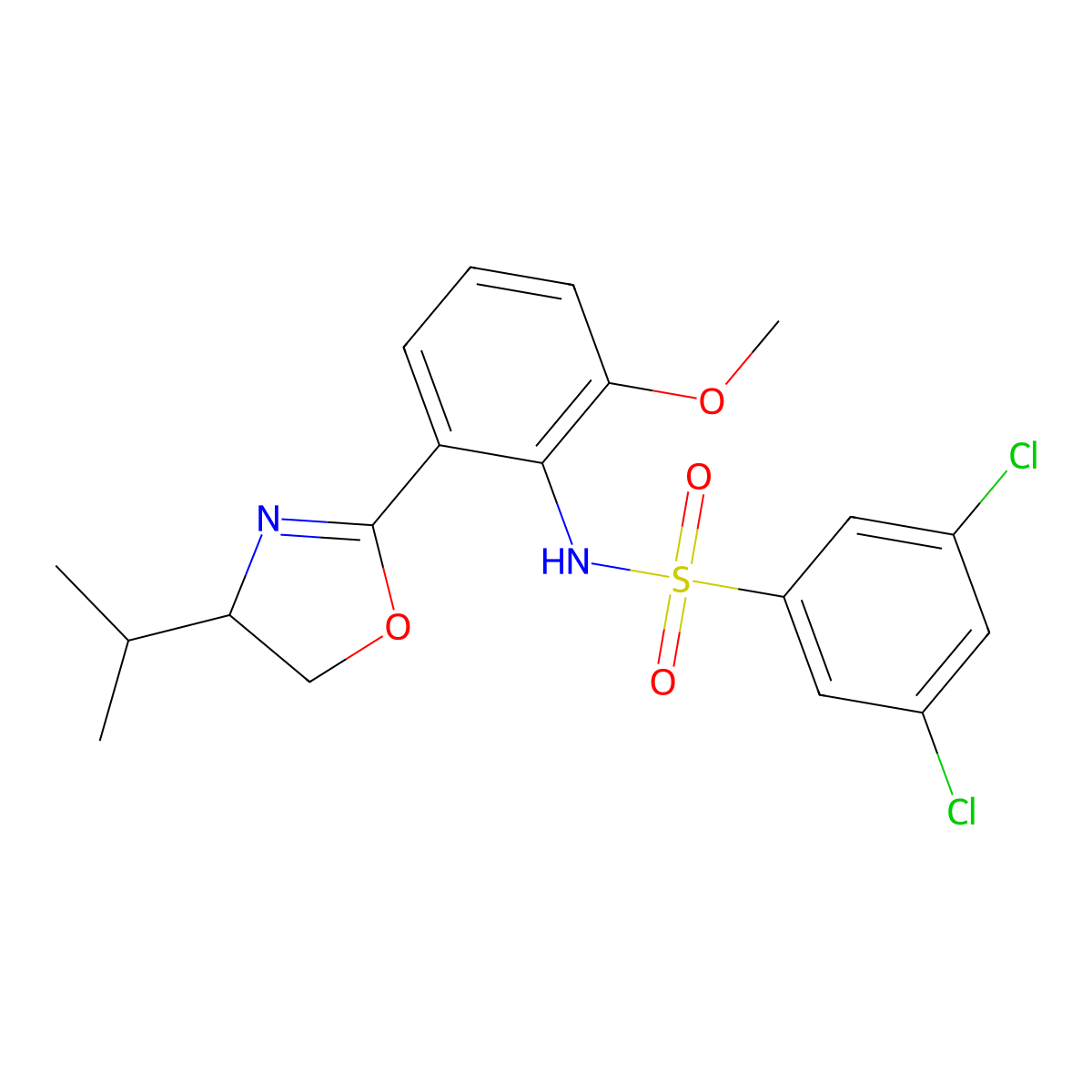 (S)-3,5-dichloro-N-(2-(4-isopropyl-4,5-dihydrooxazol-2-yl)-6-methoxyphenyl)benzenesulfonamide molecular structure, CAS 1197180-62-3