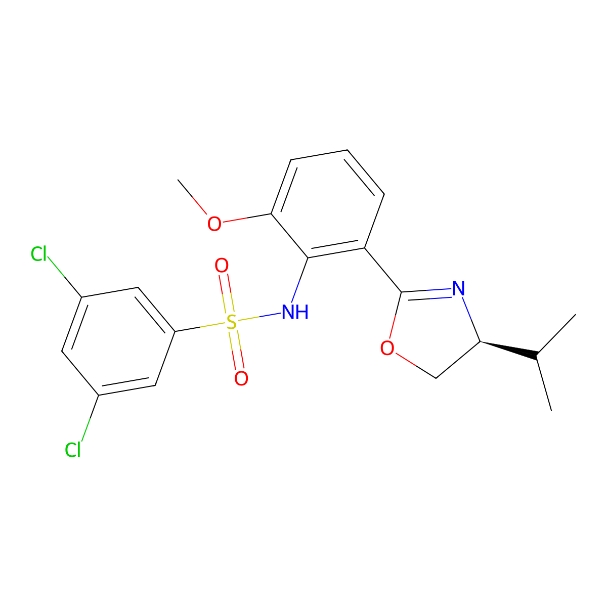 (S)-3,5-dichloro-N-(2-(4-isopropyl-4,5-dihydrooxazol-2-yl)-6-methoxyphenyl)benzenesulfonamide molecular structure, CAS 1197180-62-3