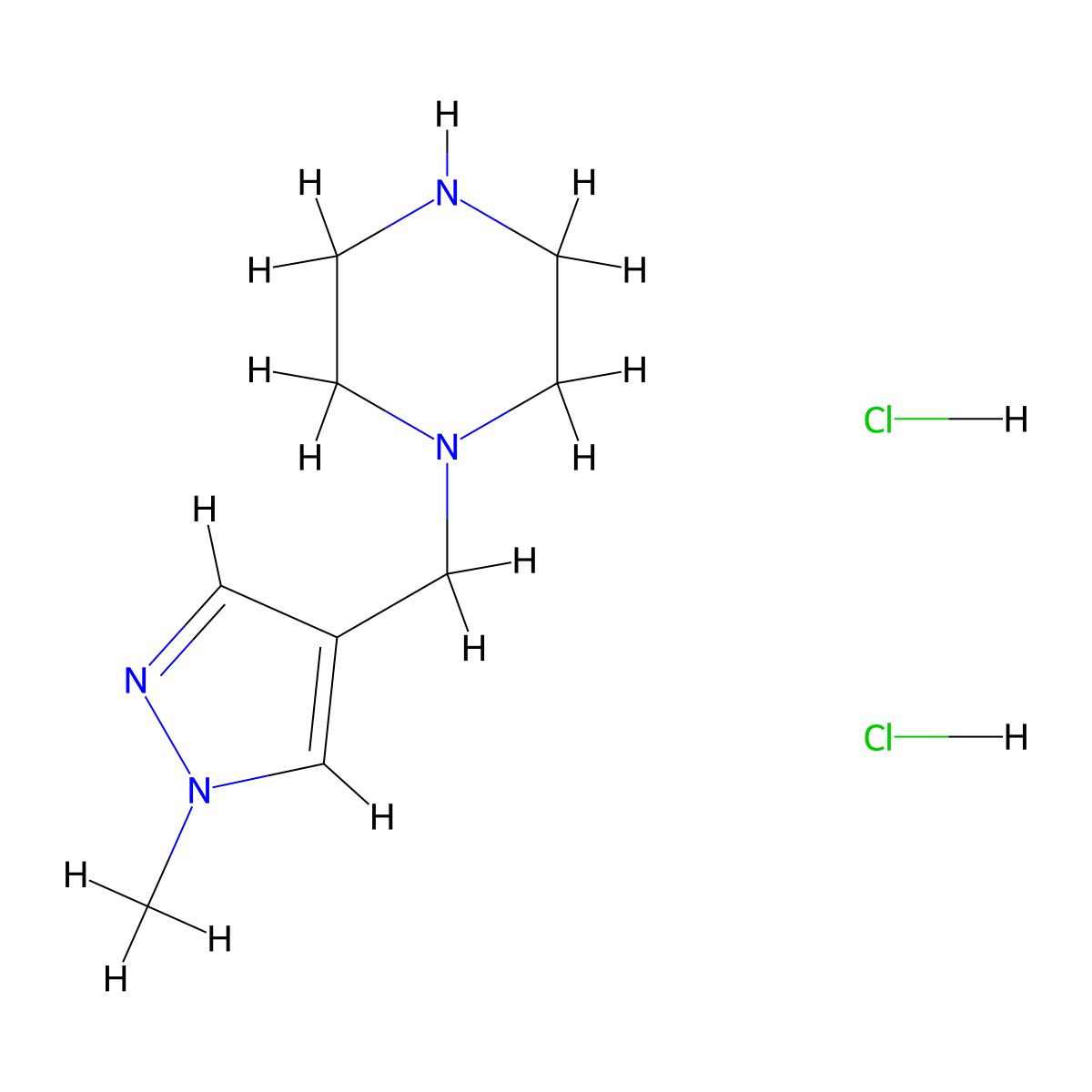 1-((1-methyl-1H-pyrazol-4-yl)methyl)piperazine dihydrochloride molecular structure, CAS 1197228-13-9