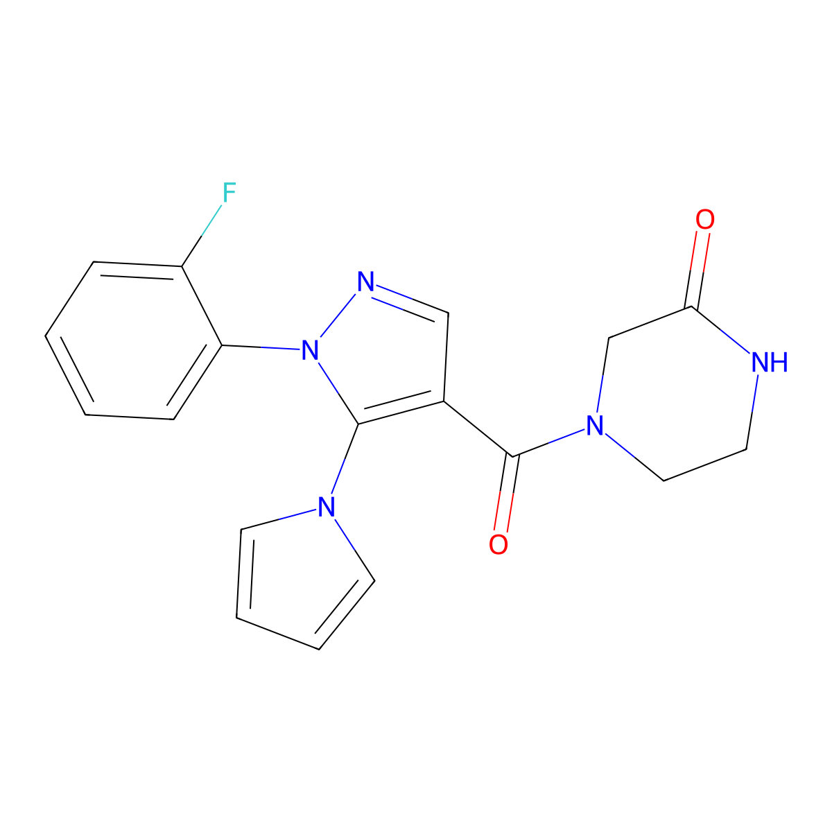 4-(1-(2-fluorophenyl)-5-(1H-pyrrol-1-yl)-1H-pyrazole-4-carbonyl)piperazin-2-one molecular structure, CAS 1197469-75-2