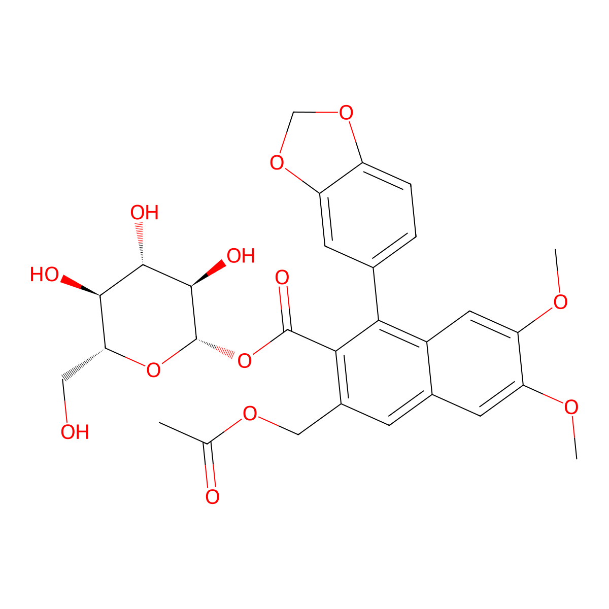 beta-D-Glucopyranose, 1-(3-((acetyloxy)methyl)-1-(1,3-benzodioxol-5-yl)-6,7-dimethoxy-2-naphthalenecarboxylate) molecular structure, CAS 119767-19-0