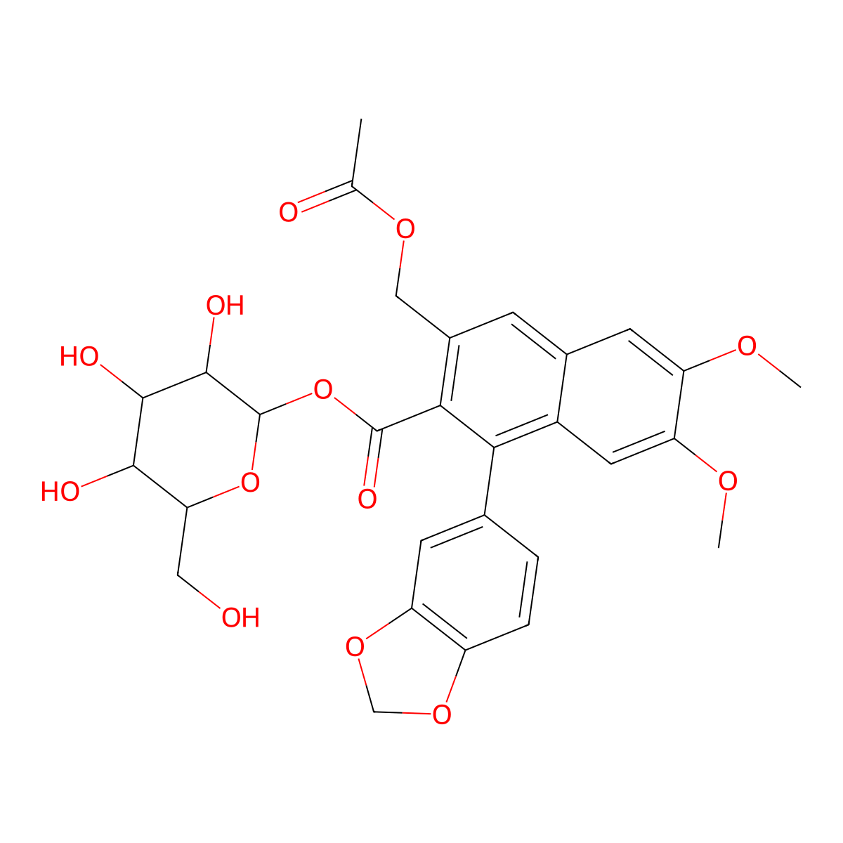 beta-D-Glucopyranose, 1-(3-((acetyloxy)methyl)-1-(1,3-benzodioxol-5-yl)-6,7-dimethoxy-2-naphthalenecarboxylate) molecular structure, CAS 119767-19-0