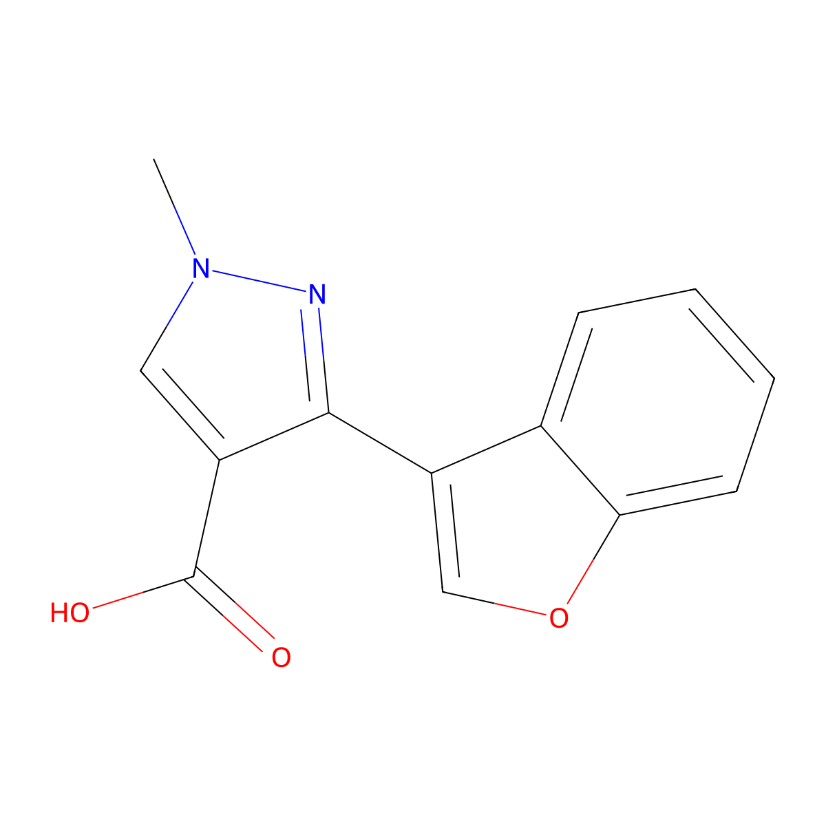 3-(1-benzofuran-3-yl)-1-methyl-1H-pyrazole-4-carboxylic acid molecular structure, CAS 1197677-99-8