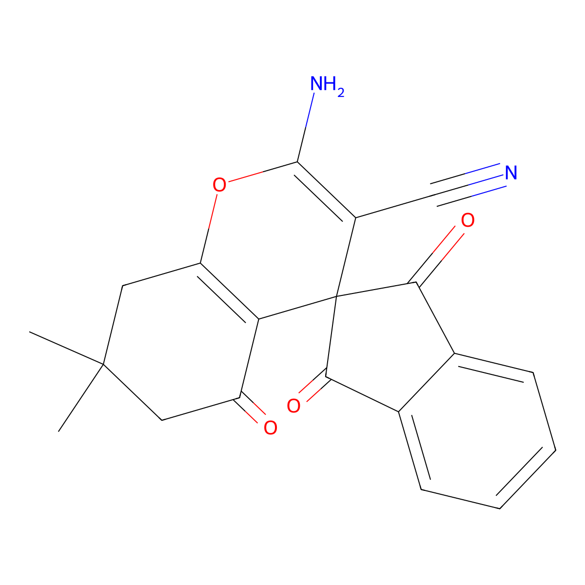 2-Amino-7,7-dimethyl-1',3',5-trioxo-1',3',5,6,7,8-hexahydrospiro[chromene-4,2'-indene]-3-carbonitrile molecular structure, CAS 119771-42-5