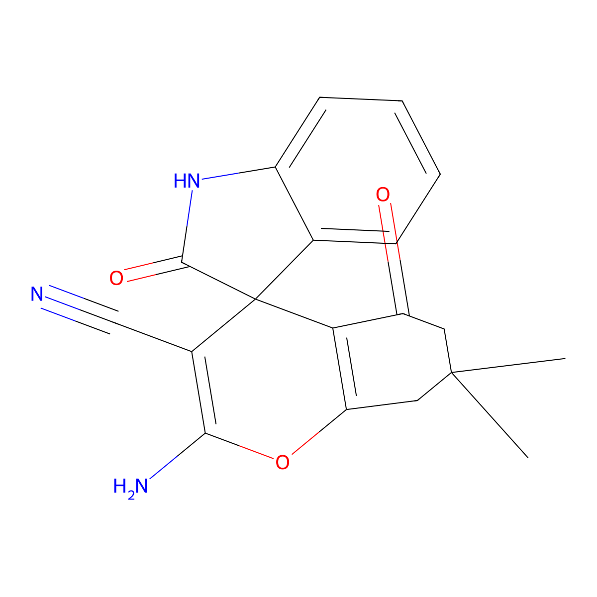 2-Amino-7,7-dimethyl-2',5-dioxo-1',2',5,6,7,8-hexahydrospiro[chromene-4,3'-indole]-3-carbonitrile molecular structure, CAS 119771-51-6